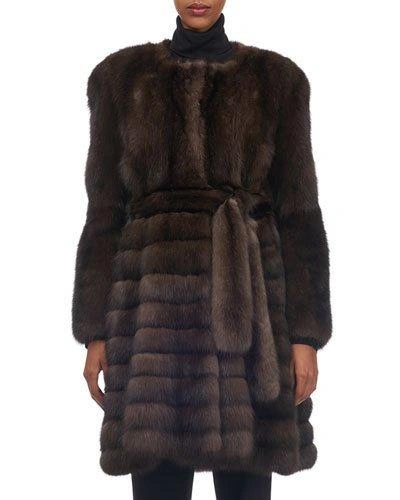 Tsoukas Belted Vertical Sable Fur Stroller Coat With Horizontal Flare Skirt In Brown/silver