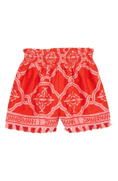 Zimmermann Kids' Anneke Shirred Waist Cotton Terry Cloth Shorts In Red,pink