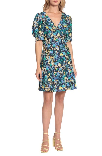 Donna Morgan For Maggy Twist Front Puff Sleeve Dress In Navy/ Yellow