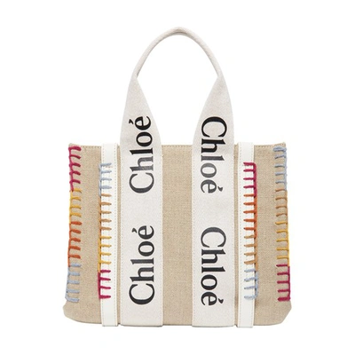 Chloé Woody Small Leather-trimmed Linen-canvas Tote In Blanc