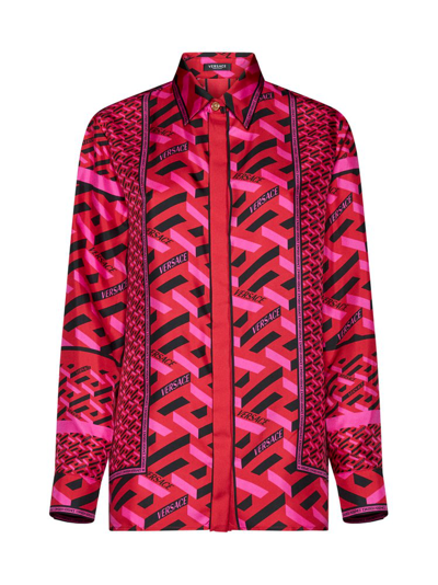 Versace La Greca Monogram Silk Button-up Blouse In Red