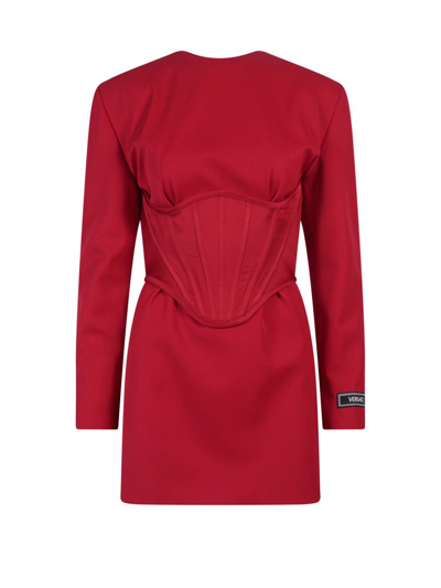 Versace Corset Detail Long Sleeve Virgin Wool Gabardine Minidress In Red