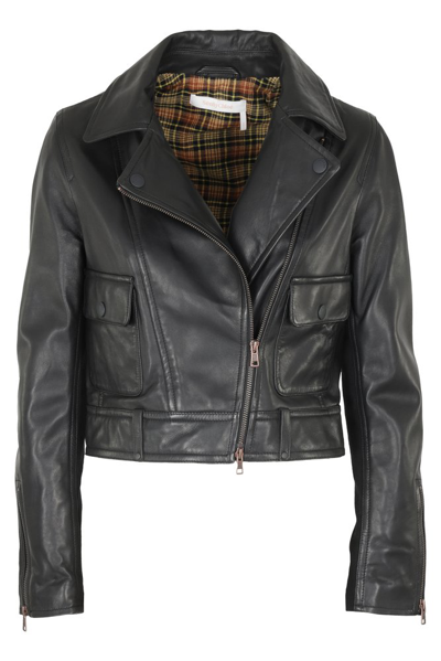 See By Chloé Cropped Wool-paneled Leather Biker Jacket In Black