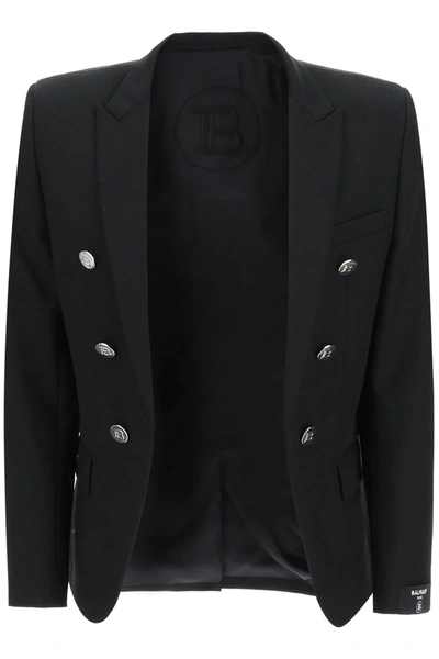 Balmain Wool Twill Blazer With Logoed Buttons In Black