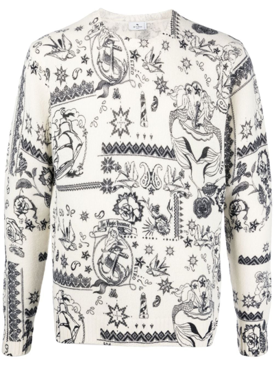 Etro Printed Wool Knit Crewneck Sweater In White