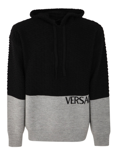 Versace Black And Grey Logo Knitted Wool Hoodie