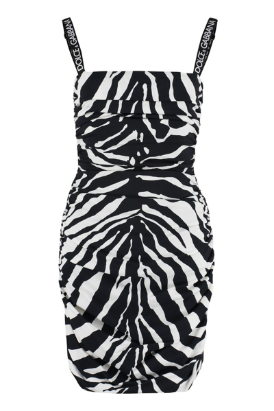 Dolce & Gabbana Zebra-print Logo-straps Ruched Cady Mini Dress In White,black