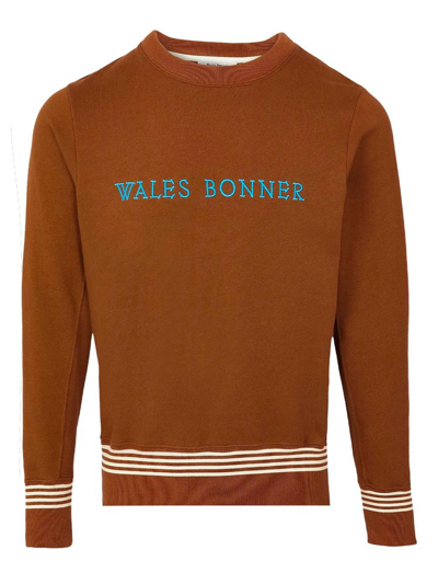 Wales Bonner Embroidered-logo Crew Neck Sweatshirt In Brown