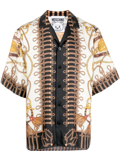 Moschino Military Teddy Scarf Short Sleeve Silk Shirt In Beige,brown,gold