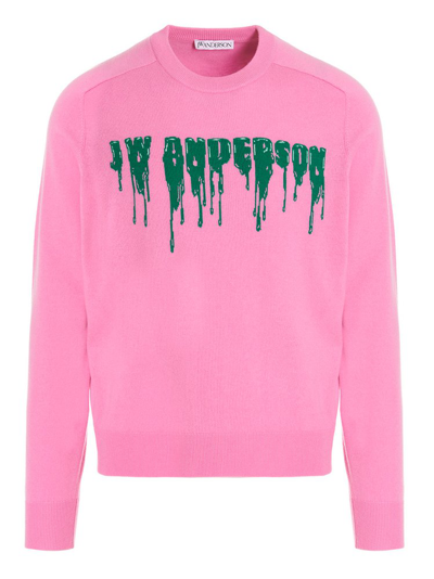 Jw Anderson Light Pink And Green Merino Wool Jumper In Hot Pink/green