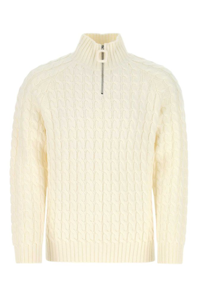 Jw Anderson Long Sleeve High Neck Signature Ring Puller Cable Knit Merino Wool Sweater In White