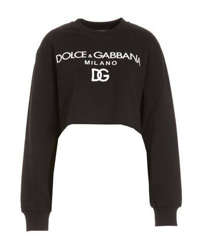 Dolce & Gabbana Black Logo Print Cropped Cotton Sweatshirt