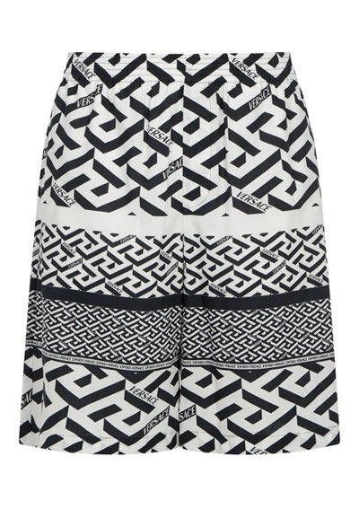Versace La Greca Monogram Print Cotton Blend Shorts In Multi
