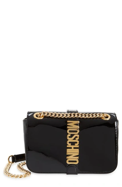 Moschino Logo Patent Leather Shoulder Bag In Black