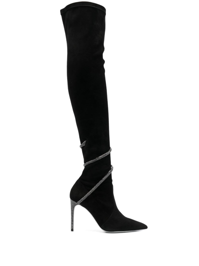 René Caovilla Suede Snake Over-the-knee Boots In Black