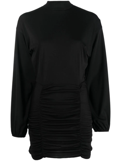 Dondup Ruched Funnel Neck Mini Dress In Black