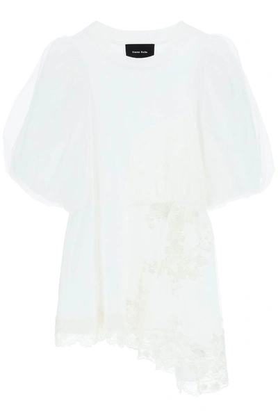 Simone Rocha Puff Sleeves Cropped T-shirt With Lace In Black