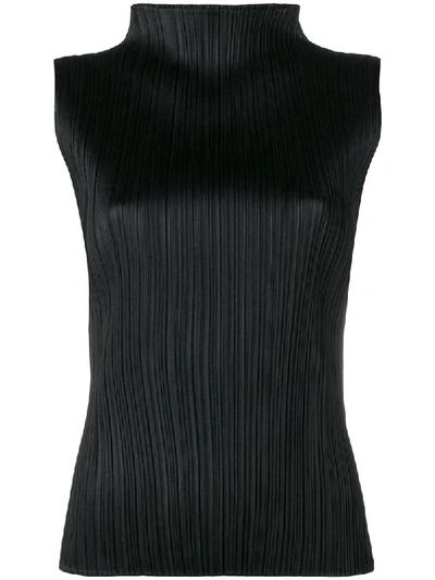 Issey Miyake Pleated High Neck Sleeveless Top In Black