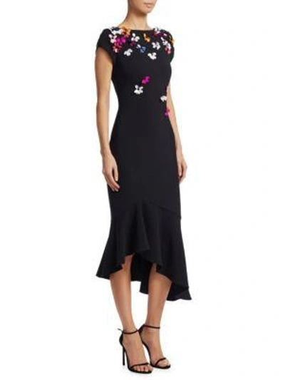 Theia 3d Floral Midi Dress In Black Multi