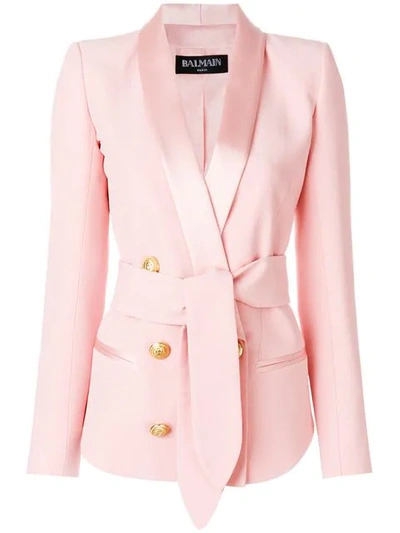 Balmain Double Breasted Satin & Crepe Blazer In Pink