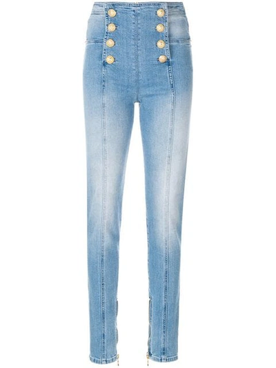 Balmain Button-embellished Skinny Jeans In C3145 Bleu Moyen