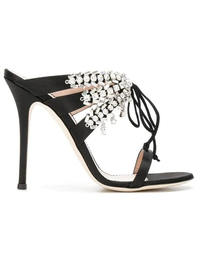 Giuseppe Zanotti Strappy Lace-up Silk Slide Sandal With Crystals In Black