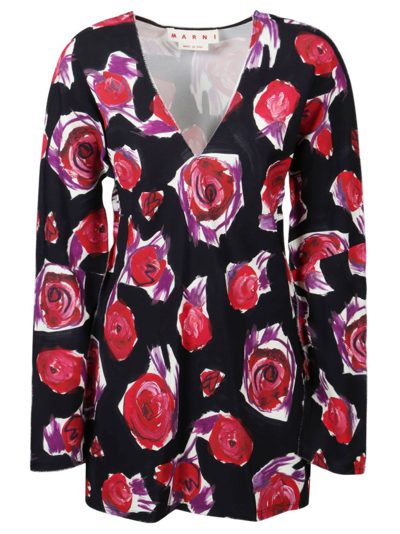 Marni Spinning Roses Print Cady Long Shirt In Multi-colored