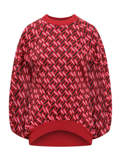 Versace Greca Jacquard Balloon Sweater In Pared Red Fuxia