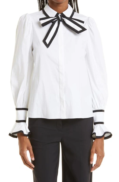Alice And Olivia Sharen Puff Sleeve Bow Tie Button Blouse In White/ Black