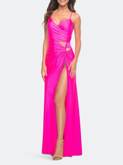 La Femme Neon Prom Dress With Cut Outs At Hip And High Slit In Pink