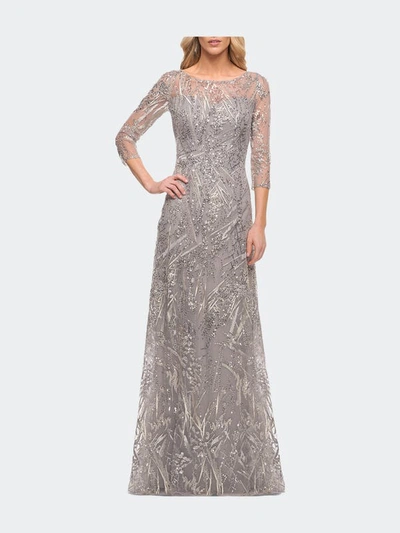 La Femme Lace Beaded Design Long Evening Gown In Grey