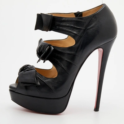 Pre-owned Christian Louboutin Black Leather Madame Butterfly Platform Booties Size 37