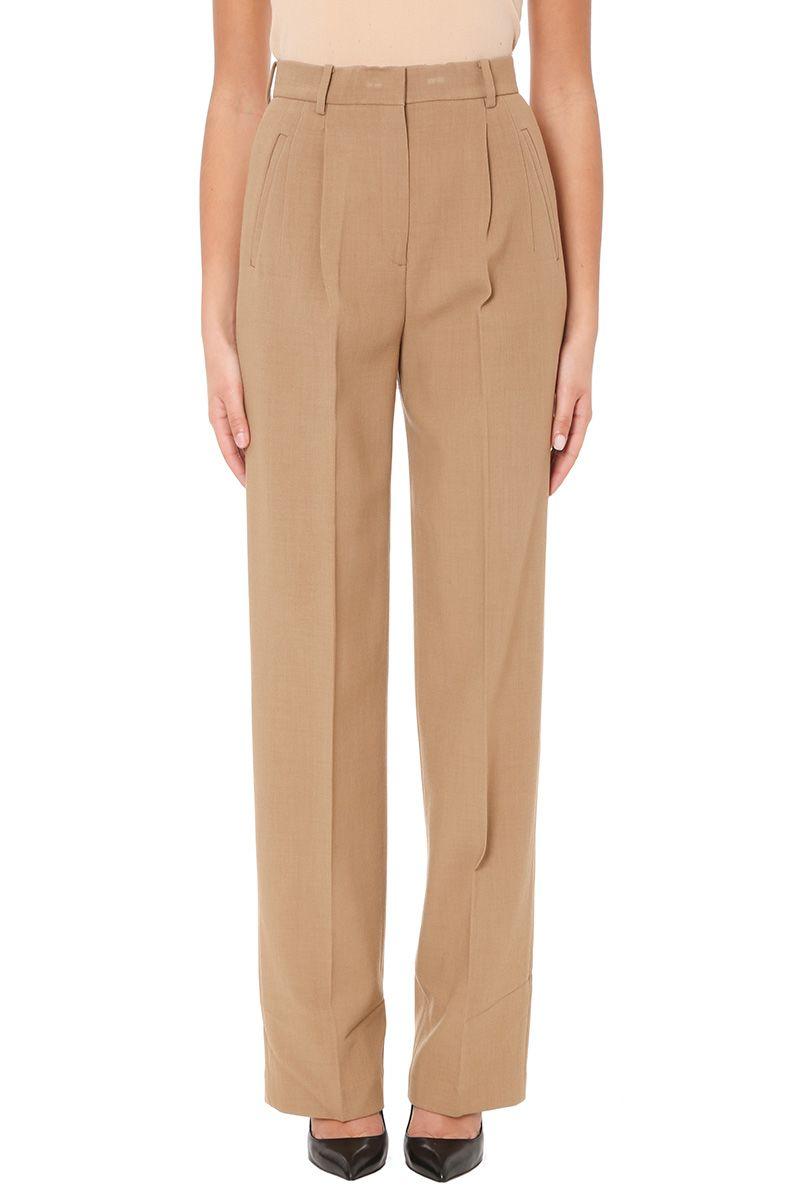 Theory Stretch Beige Wool Pleated High-waist Pant | ModeSens