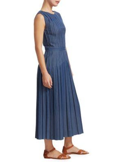Loro Piana Mrytle Sleeveless Pleated Stitched Denim Ankle Dress In Blue