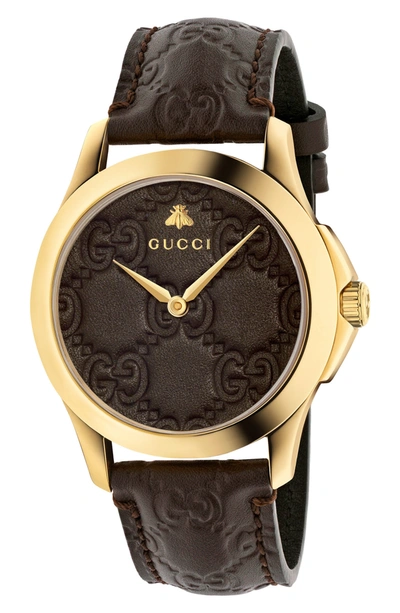 Gucci G-timeless Leather Strap Watch, 38mm In Brown