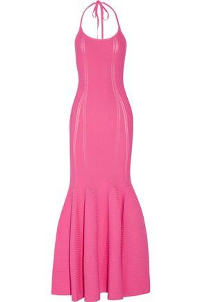 Antonio Berardi Woman Fluted Stretch-knit Halterneck Maxi Dress Fuchsia