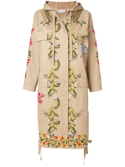 Red Valentino Embroidered Cotton Parka In Nude & Neutrals