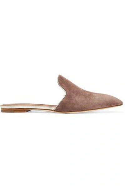 Malone Souliers Woman Metallic Leather-trimmed Suede Slippers Mushroom