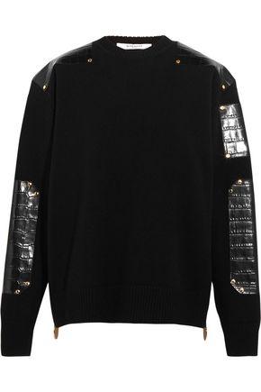 Givenchy Woman Croc-effect Leather-trimmed Wool Sweater Black | ModeSens