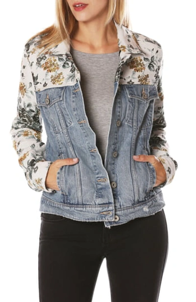 Paige Harrison Button-front Denim Jacket With Floral Embossing In Indigo Tapestry