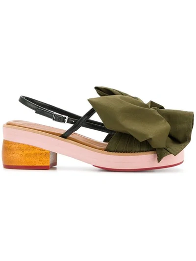 Marni Fabric Bow Wooden Leather Sandals In Leav Green