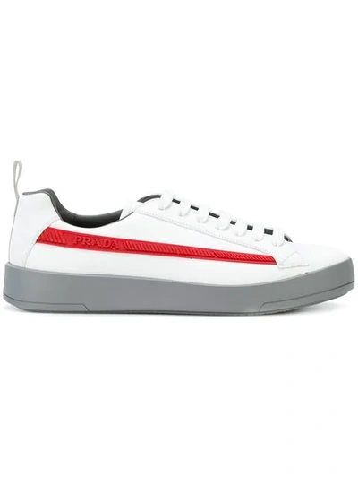 Prada Graphic Logo Stripe Leather Sneakers In Bianco | ModeSens