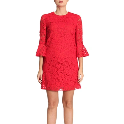 Valentino Flared Sleeve Lace Dress In Red