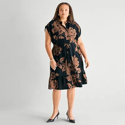 52seven Womens Plus Short Sleeve Floral Shirt Dress In Black