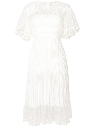 Three Floor Shadow Gathered Lace And Pleat Dress In White