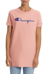 Champion Logo Print Longline Tee In Pink Bow