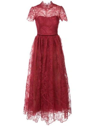 Marchesa Notte Red Lace Short Sleeve Midi Tea Dress