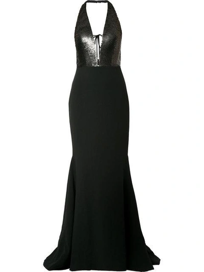 Romona Keveza Sequin Plunge Neck Fishtail Gown In Black
