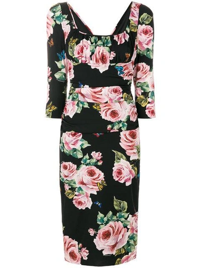 Dolce & Gabbana Ruched Floral Dress In Black