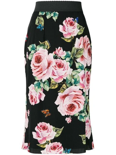 Dolce & Gabbana Rose Print Skirt In Black
